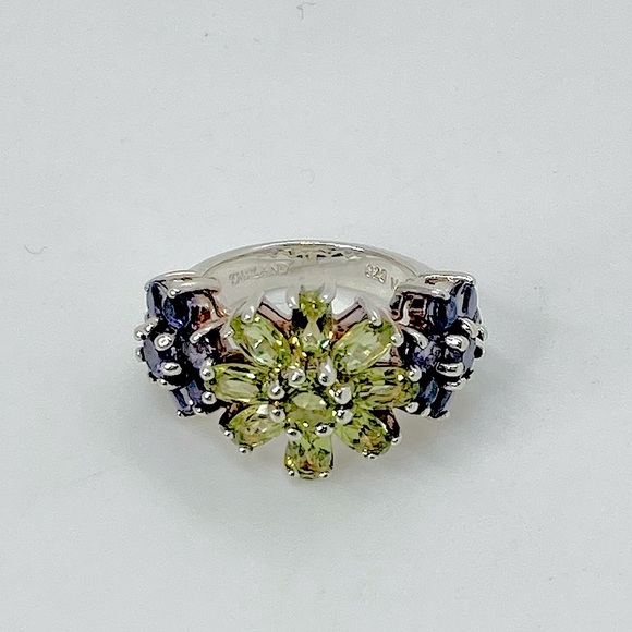 Vtg Sterling Silver Amethyst & Peridot Floral Cocktail Ring 3 Flowers | Sz 5 - Picture 1 of 13